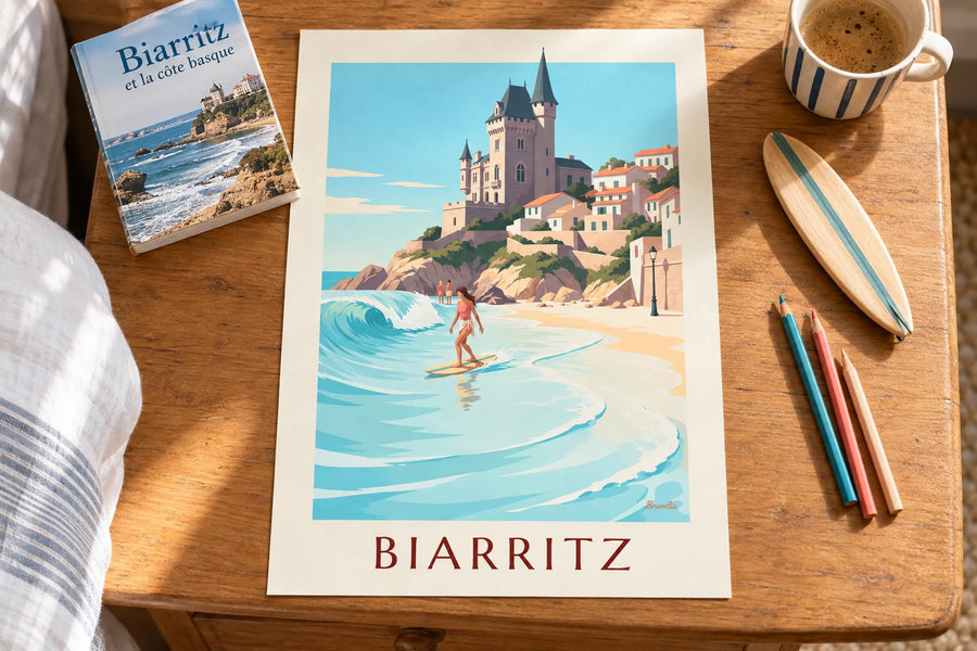 Juliste longboardaajasta Biarritzin Côte des Basques -rannalla: pöydällä