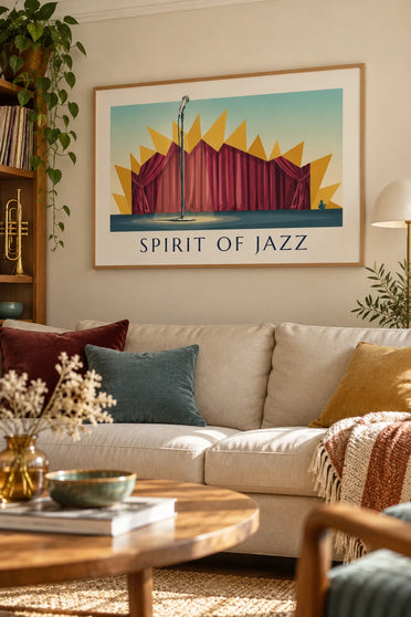Juliste mikrofonista jazzklubin lavalla, ”Spirit of Jazz”, kehystettynä seinällä