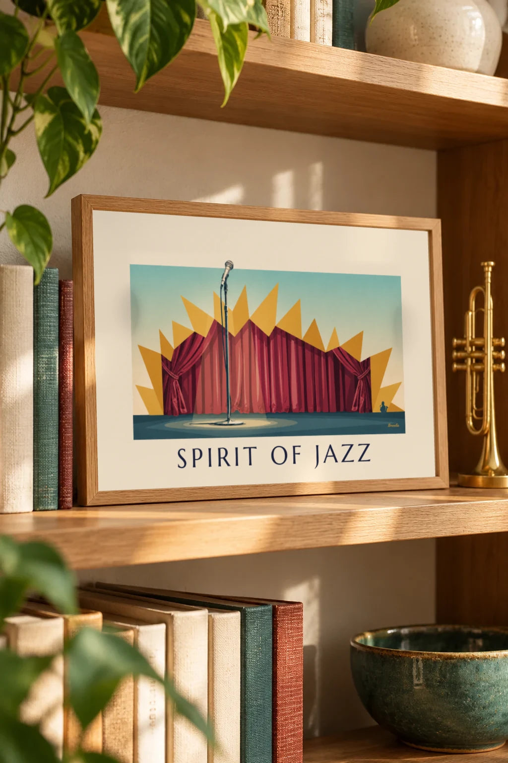 Living room: Jazz club stage microphone, Spirit of Jazz poster on the wall