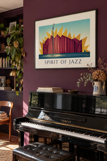 Poster of a microphone on a jazz club stage, Spirit of Jazz: framed on the wall