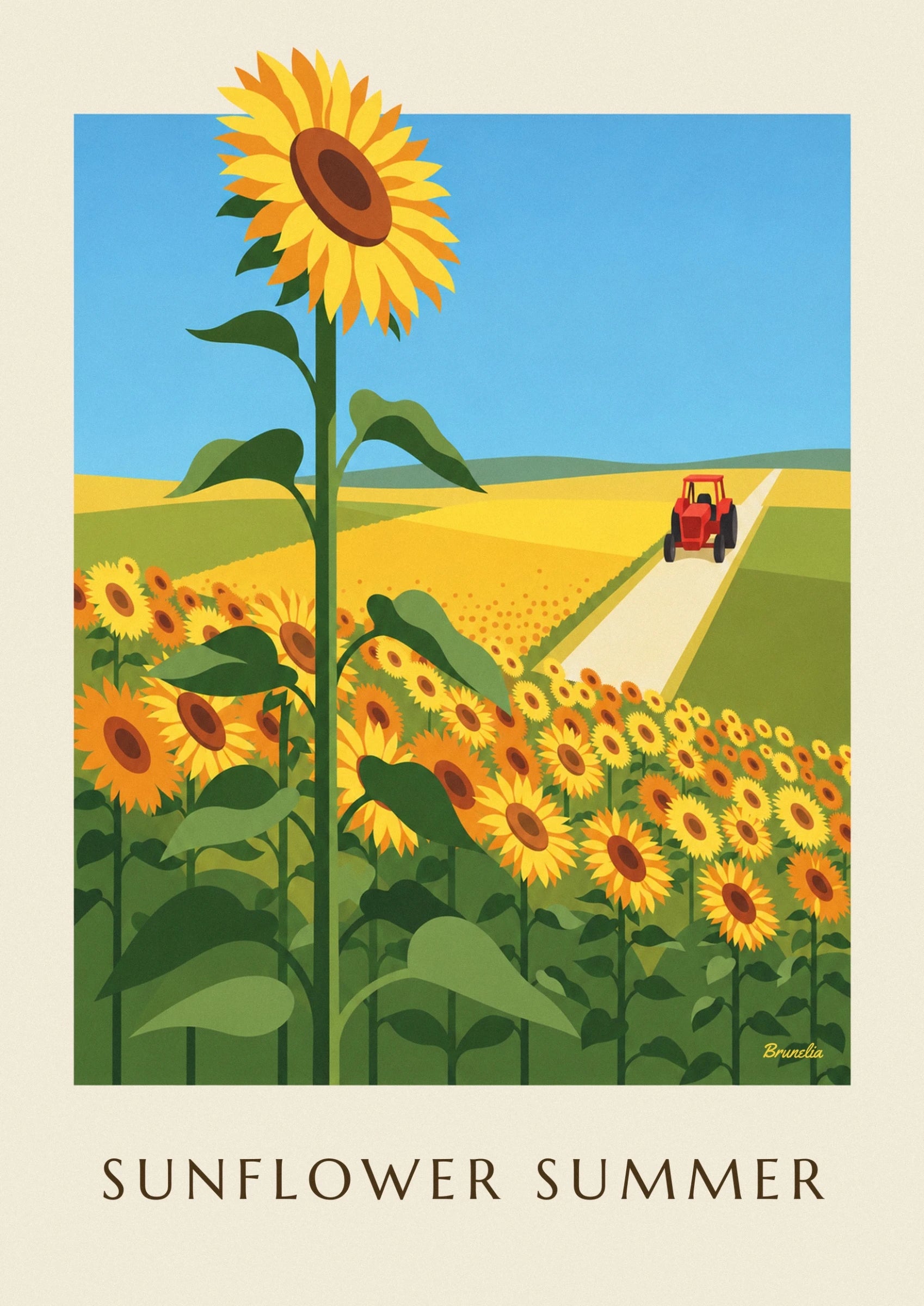 A sunflower with yellow and orange petals, a brown centre and a green stem