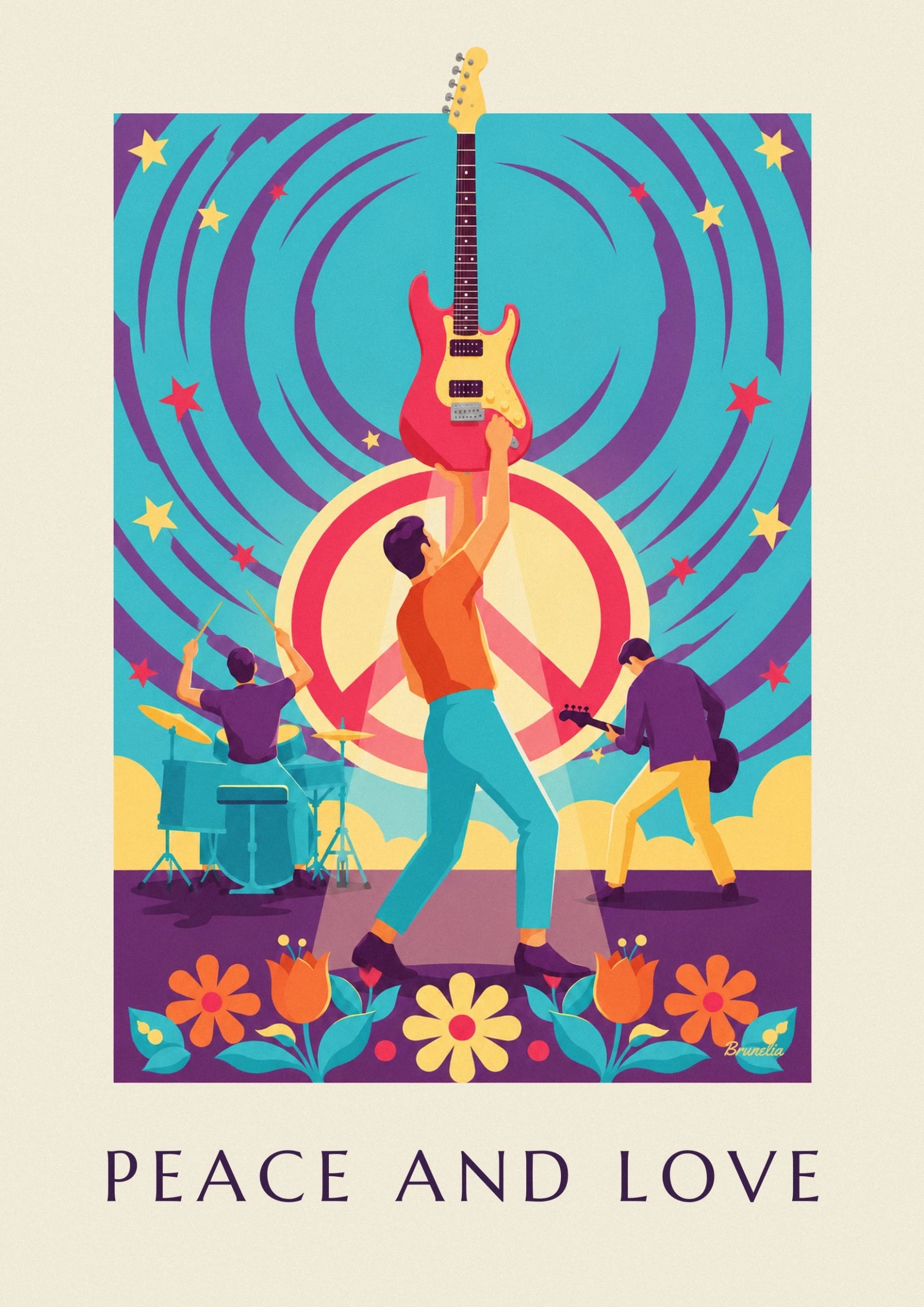 The guitarist in orange and turquoise trousers in front of a yellow and pink peace symbol