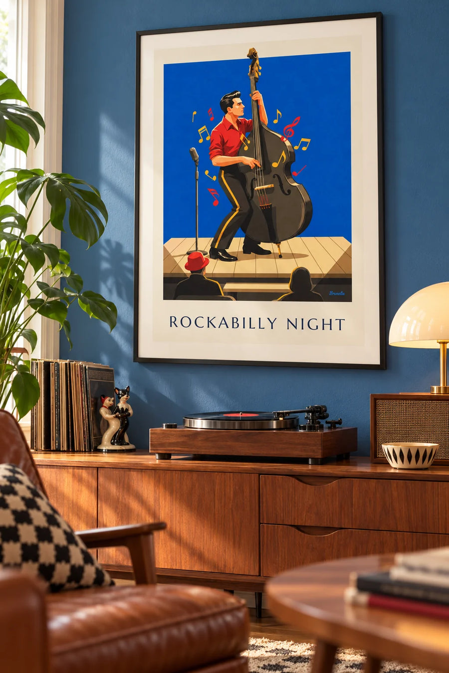 Juliste rockabilly-ilta ja kontrabasisti: kehystettynä seinällä