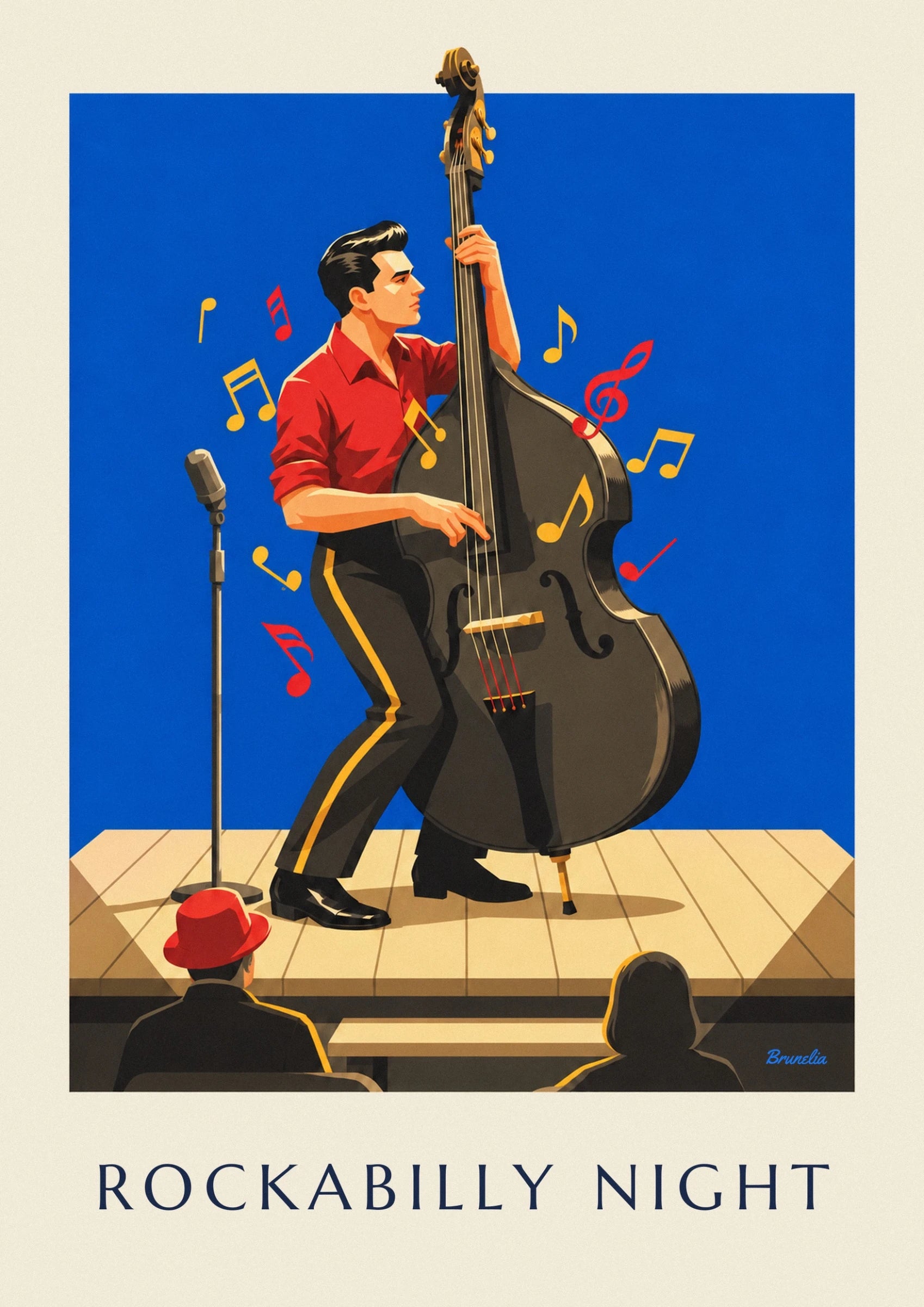 Le musicien en chemise rouge, les mains sur les cordes de sa contrebasse