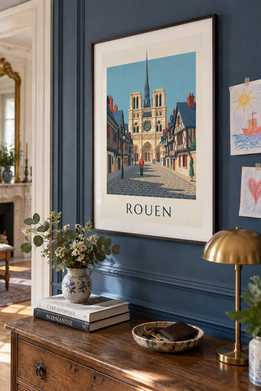 Poster of Rouen’s Notre-Dame Cathedral and half-timbered houses: framed on the wall