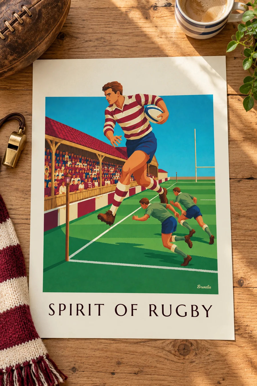 Poster of a rugby player sprinting along the touchline: placed on a table