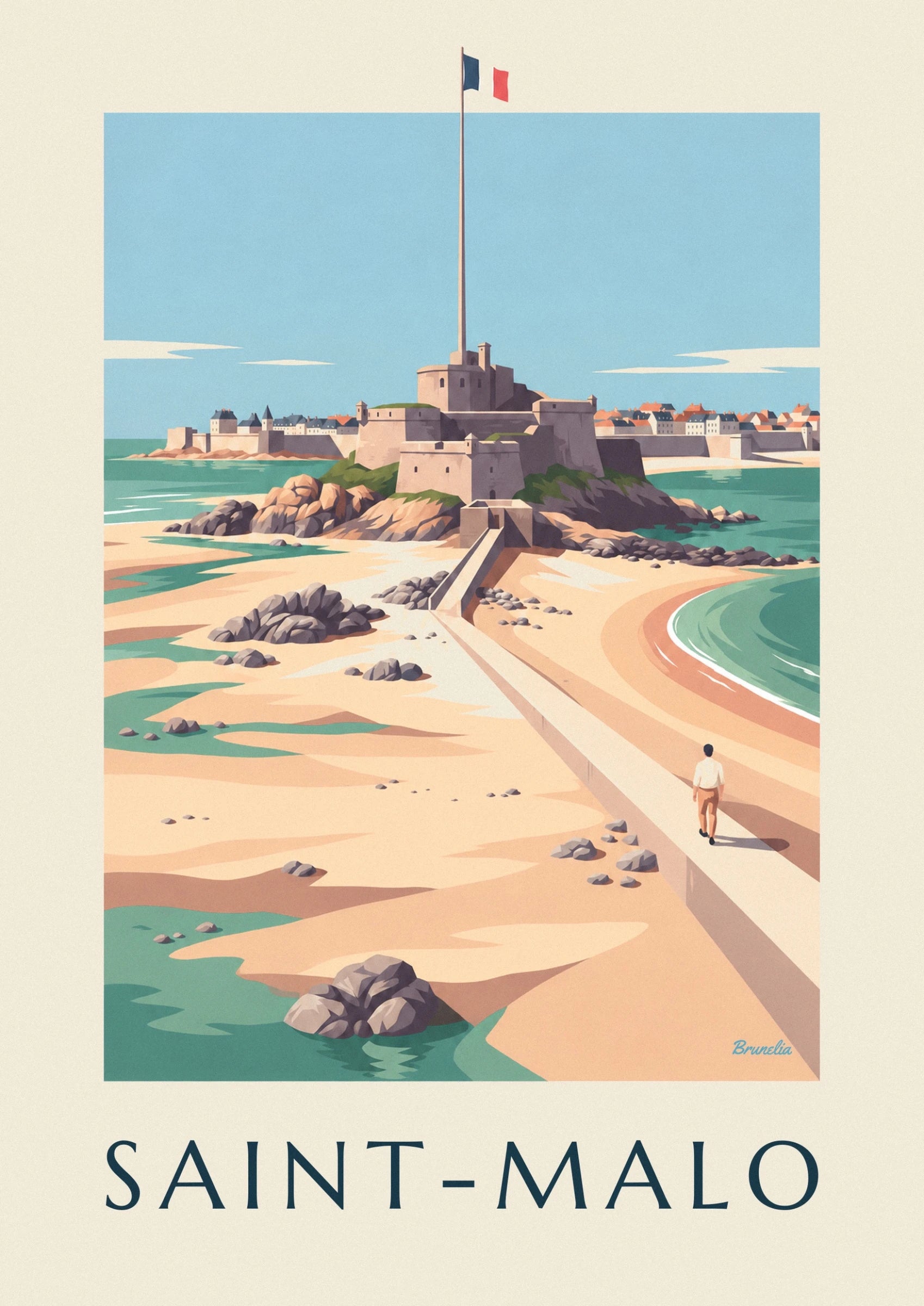Le fort National et ses remparts de pierre, avec une passerelle sur le sable