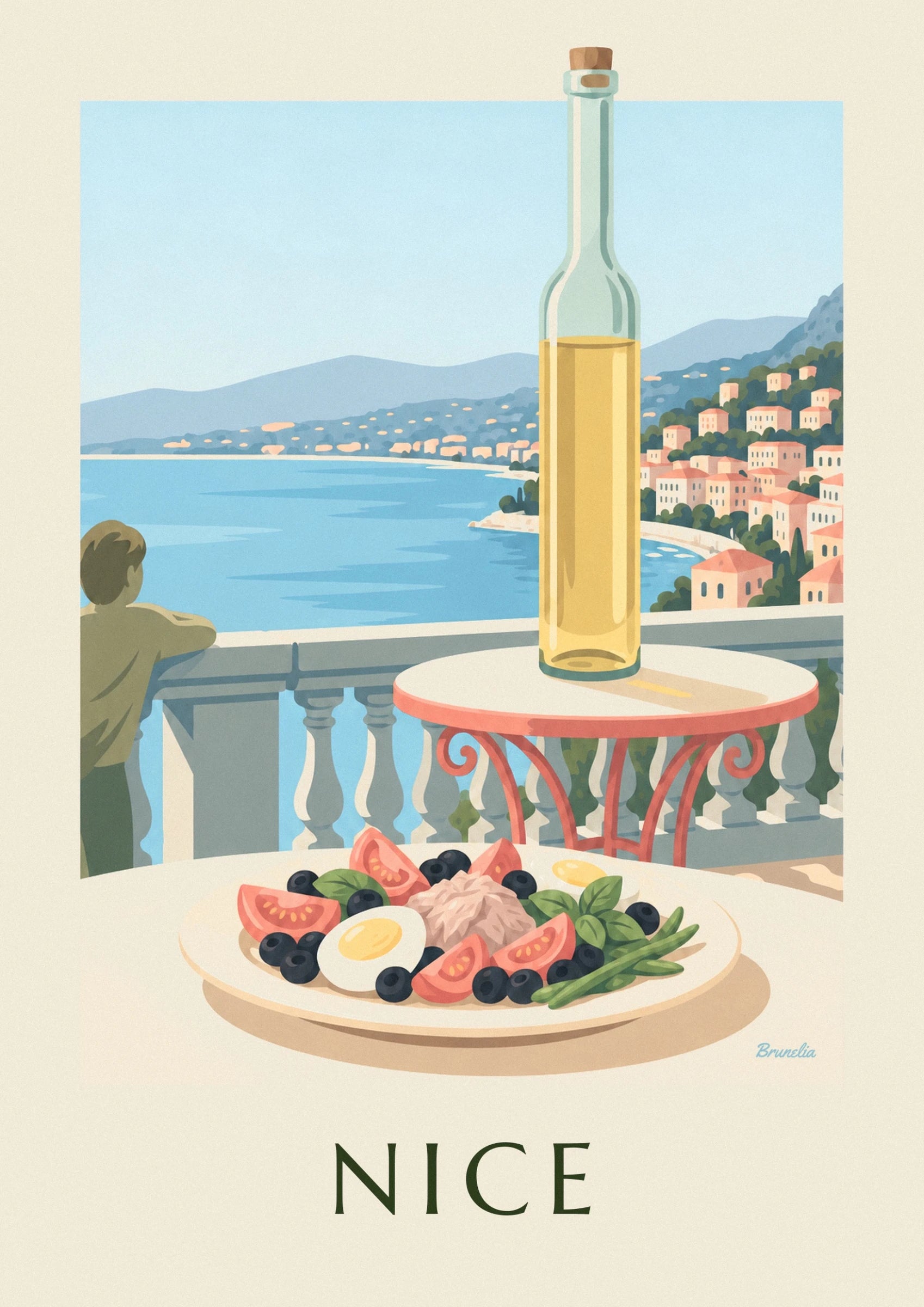 Niçoise salad with tomatoes, egg and black olives on a cream plate