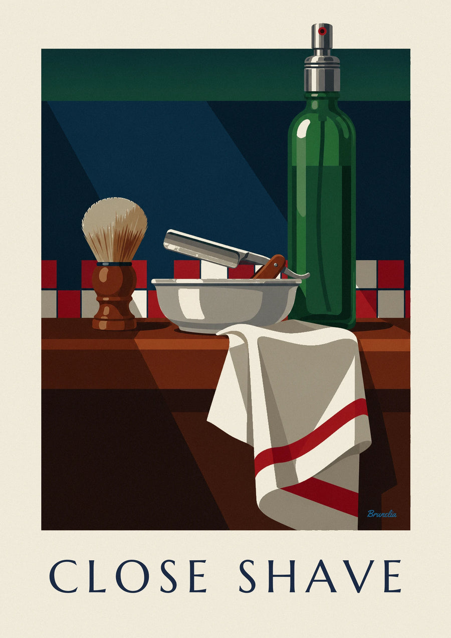 Straight razor, shaving brush and aftershave bottle poster