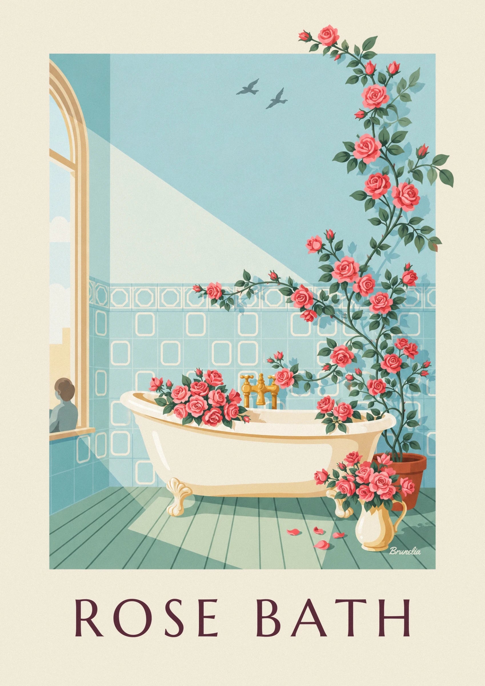 The cream bath on golden feet, surrounded by roses on a green wooden floor