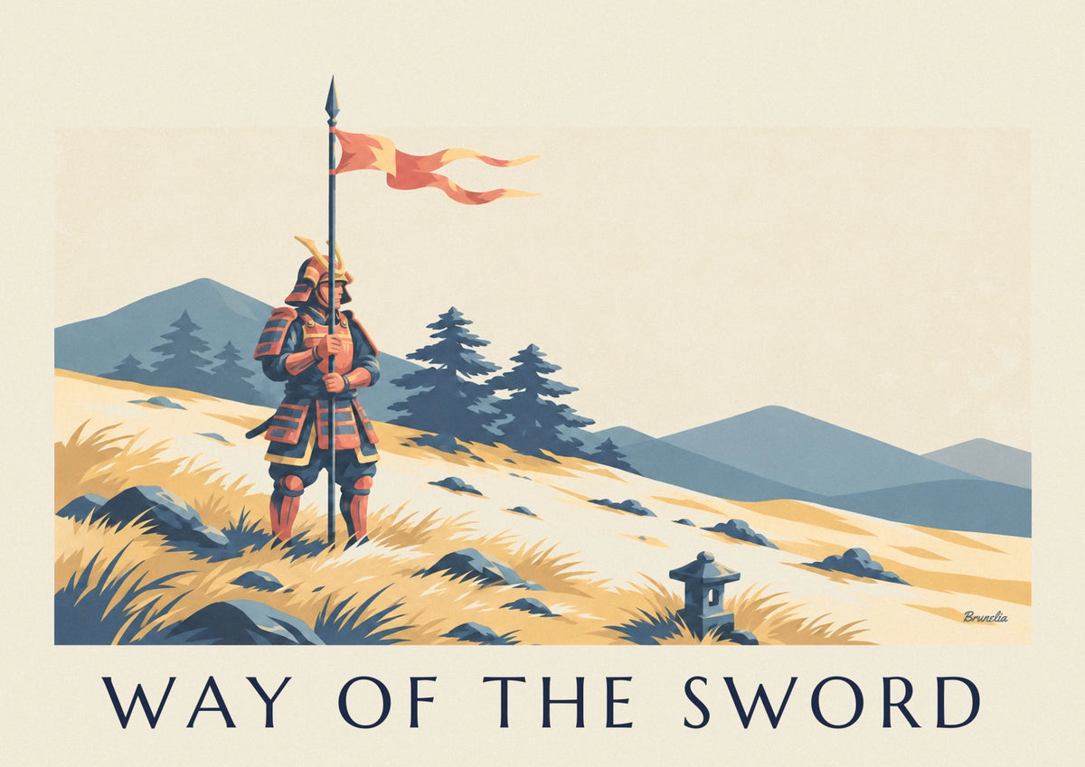 Affiche guerrier samouraï en armure, façon estampe japonaise