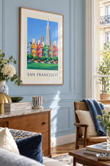 Affiche maisons victoriennes d'Alamo Square à San Francisco : encadrée au mur