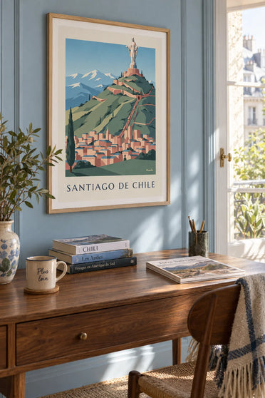 Juliste Cerro San Cristóbal Santiagossa Chilessä: kehystettynä seinällä