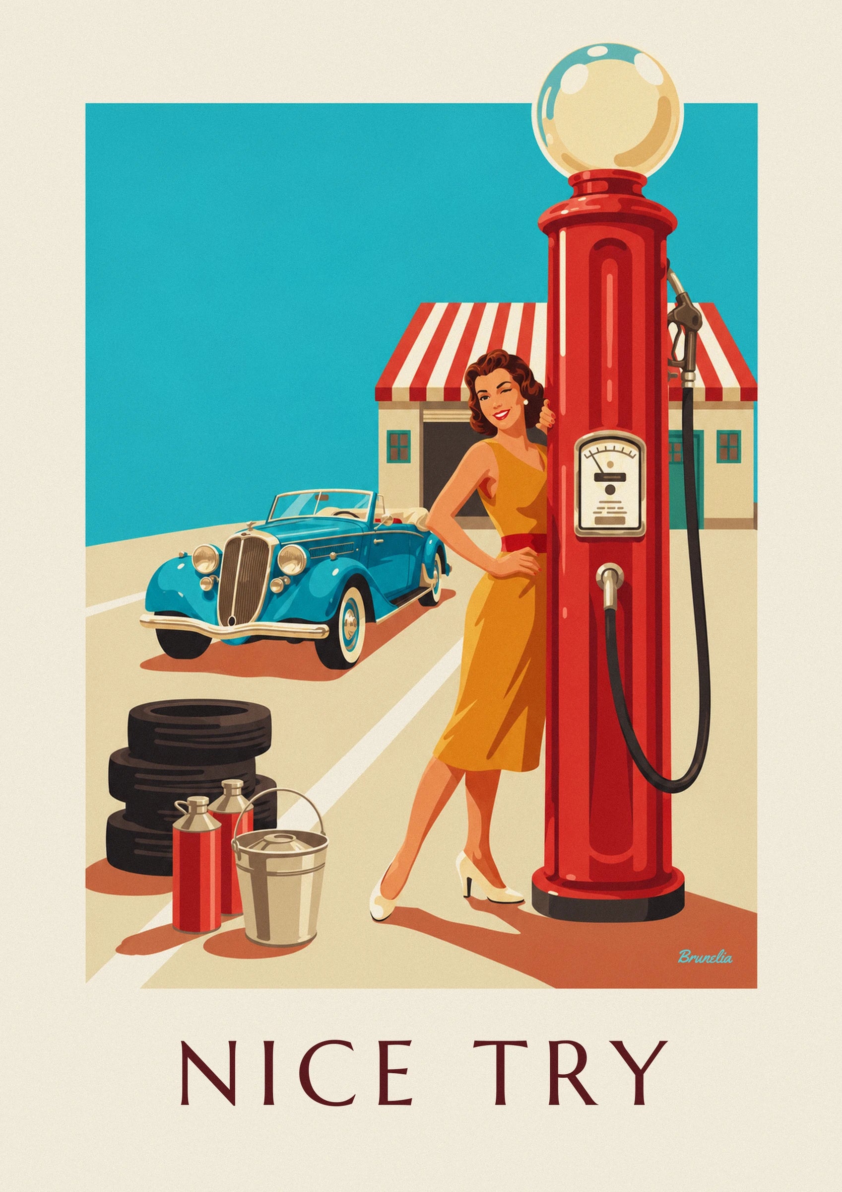 Silmää iskevä pin-up keltaisessa mekossa punaisen bensapumpun ja sinisen avoauton vieressä