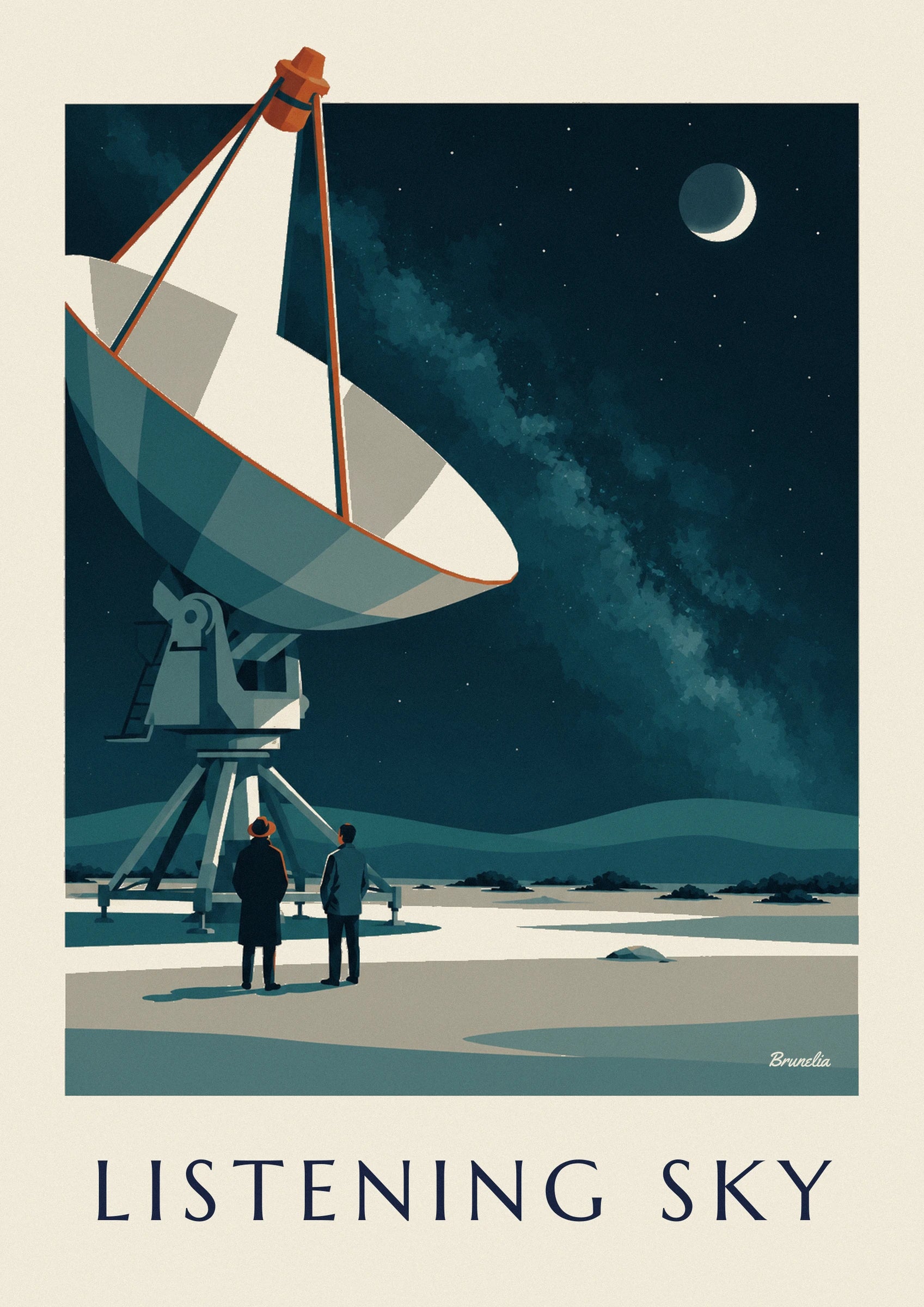 Radio telescope under a starry desert sky poster: close-up detail