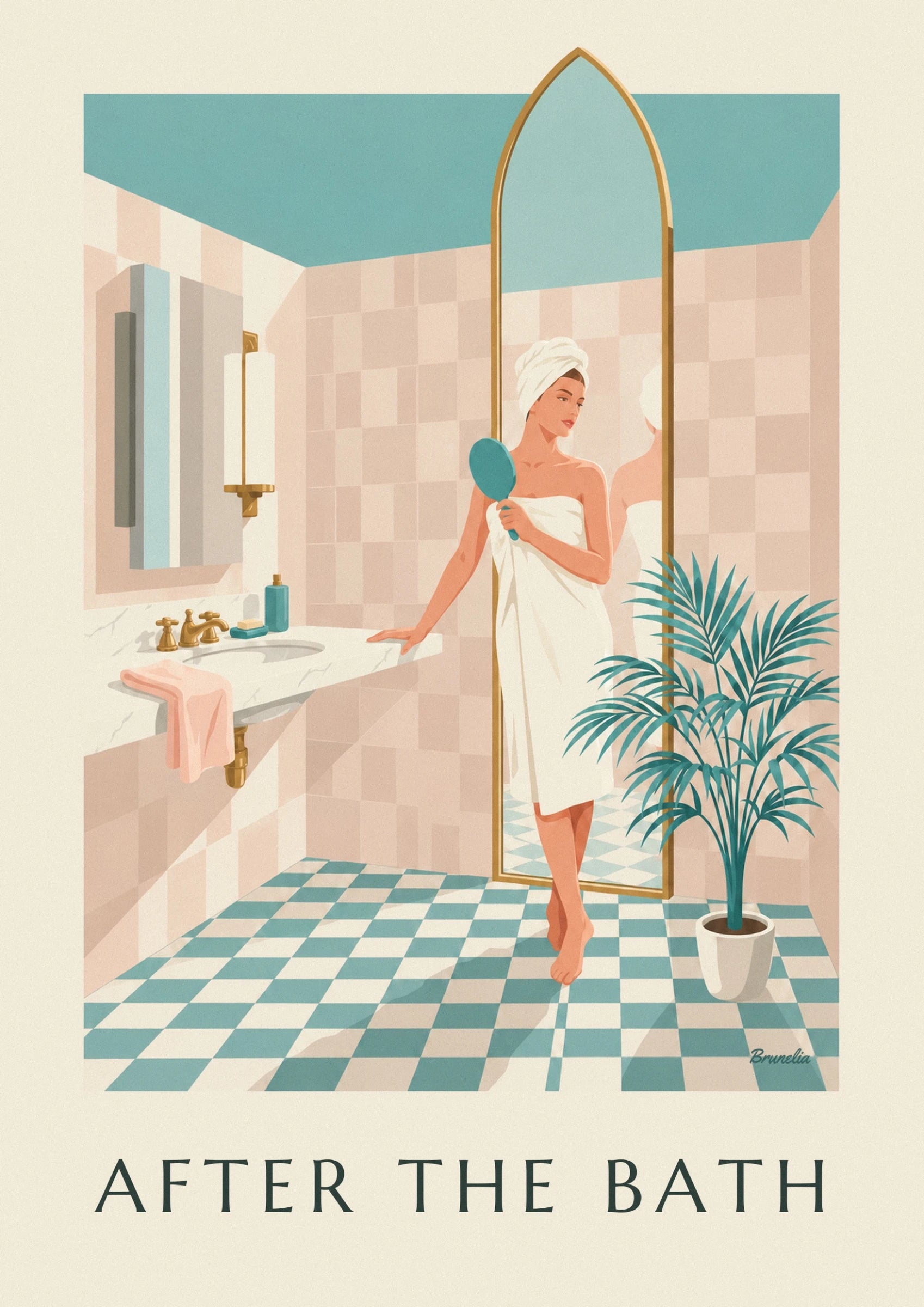 The woman in a white towel, with a turban on her head and a turquoise mirror in her hand