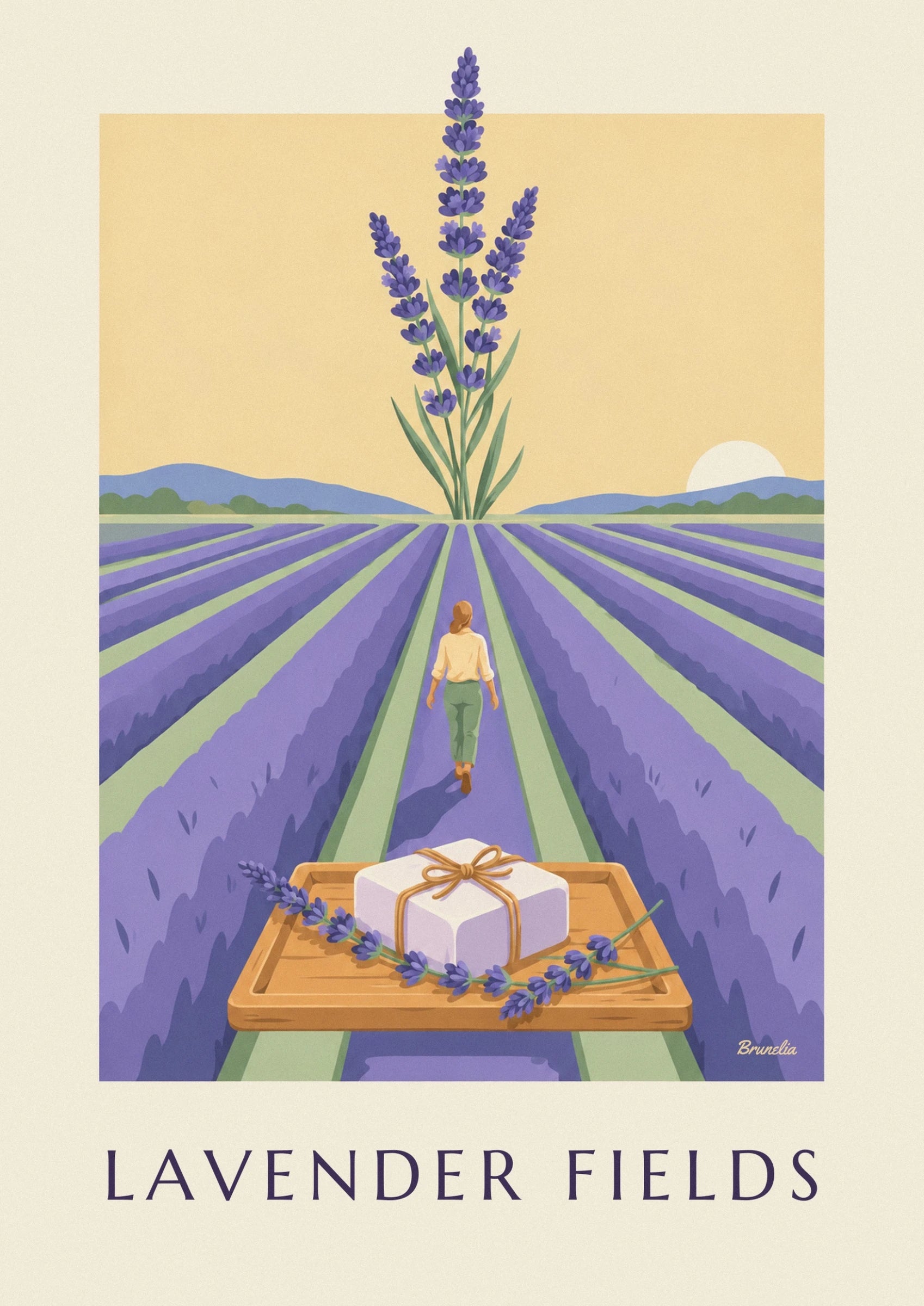 The purple rows of the lavender field in front of blue hills and green trees