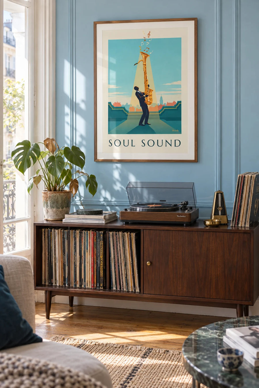 Golden saxophone poster under a beam of jazz light: framed on the wall