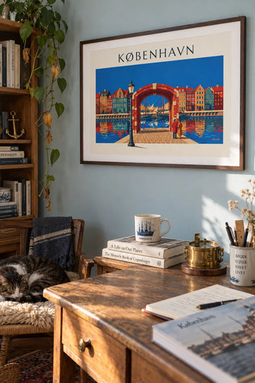 Affiche maisons colorées et vieux voiliers de Nyhavn à Copenhague : encadrée au mur