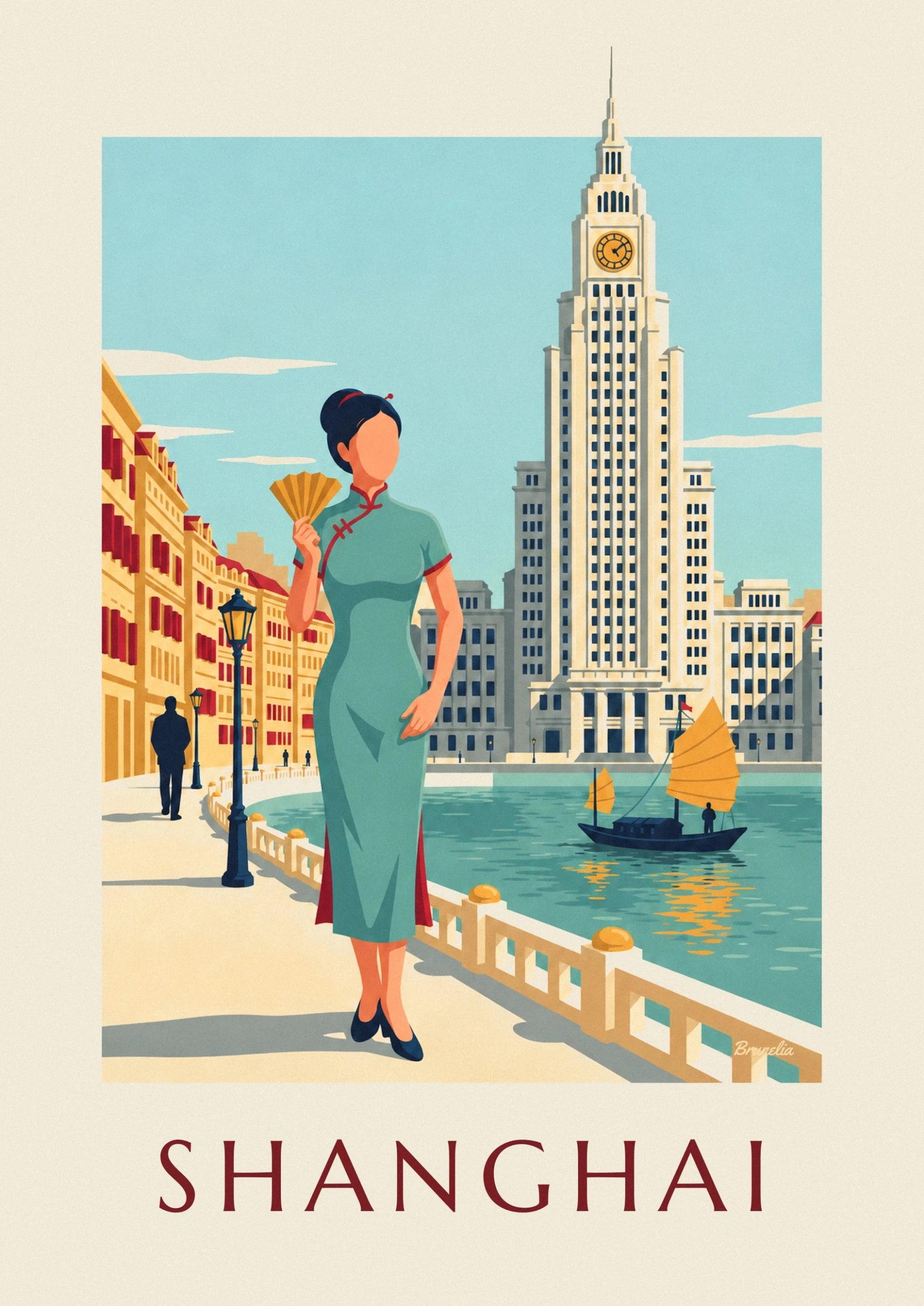 A woman in a green qipao holding a golden fan on the Bund in Shanghai
