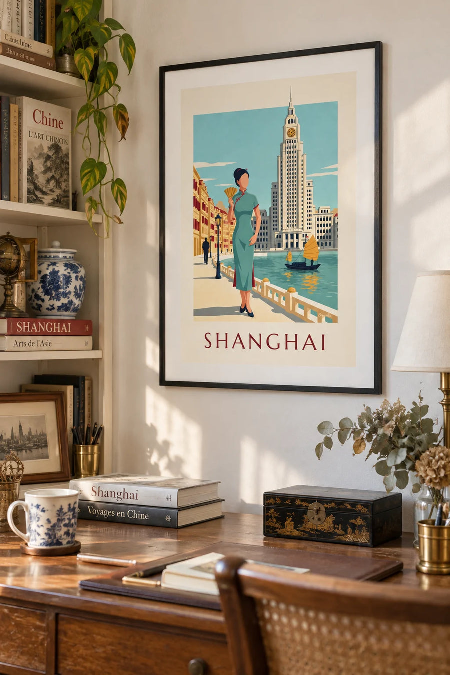 Woman in a silk qipao on the Bund in Shanghai poster: framed on the wall