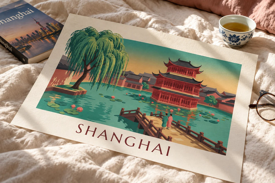 Juliste teehuoneesta Yuyuanin puutarhassa Shanghaissa: pöydällä