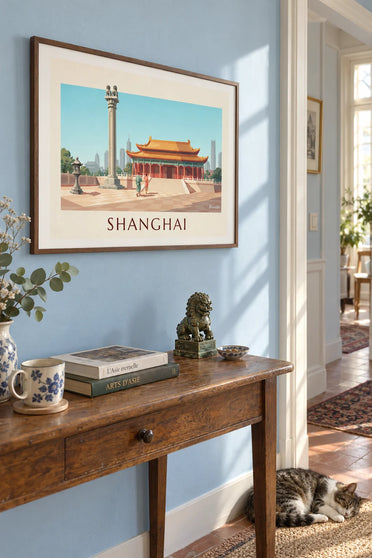 Jing'anin temppeli ja kultaiset paviljongit Shanghaissa -juliste: kehystettynä seinällä