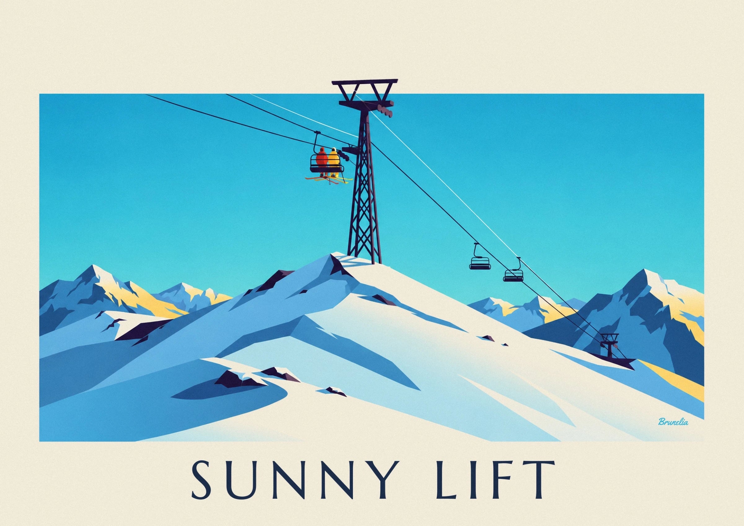 The 2 skiers in red and yellow on the chairlift near the dark pylon