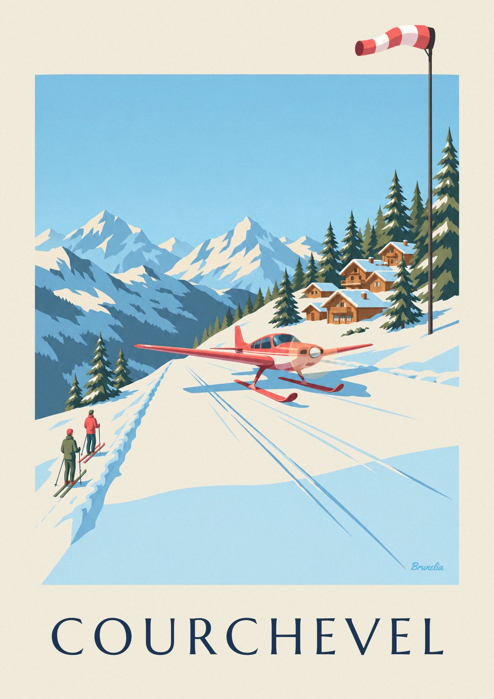 Le petit avion rouge sur skis, posé sur la neige face aux chalets en bois