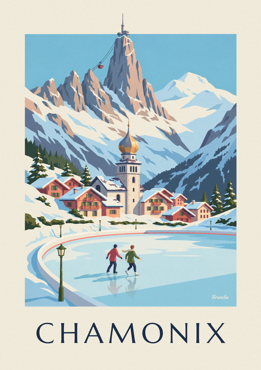 Chamonix ice rink and Aiguille du Midi skaters poster