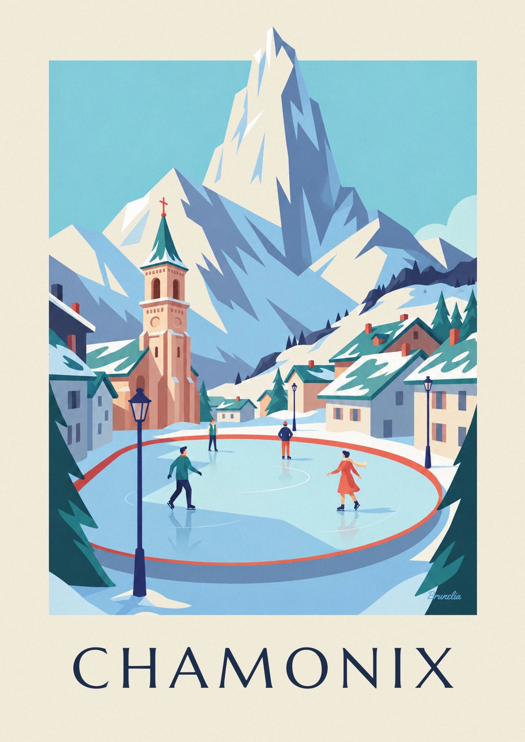 Les patineurs en vert et en orange sur la glace bleutée, au pied des chalets enneigés