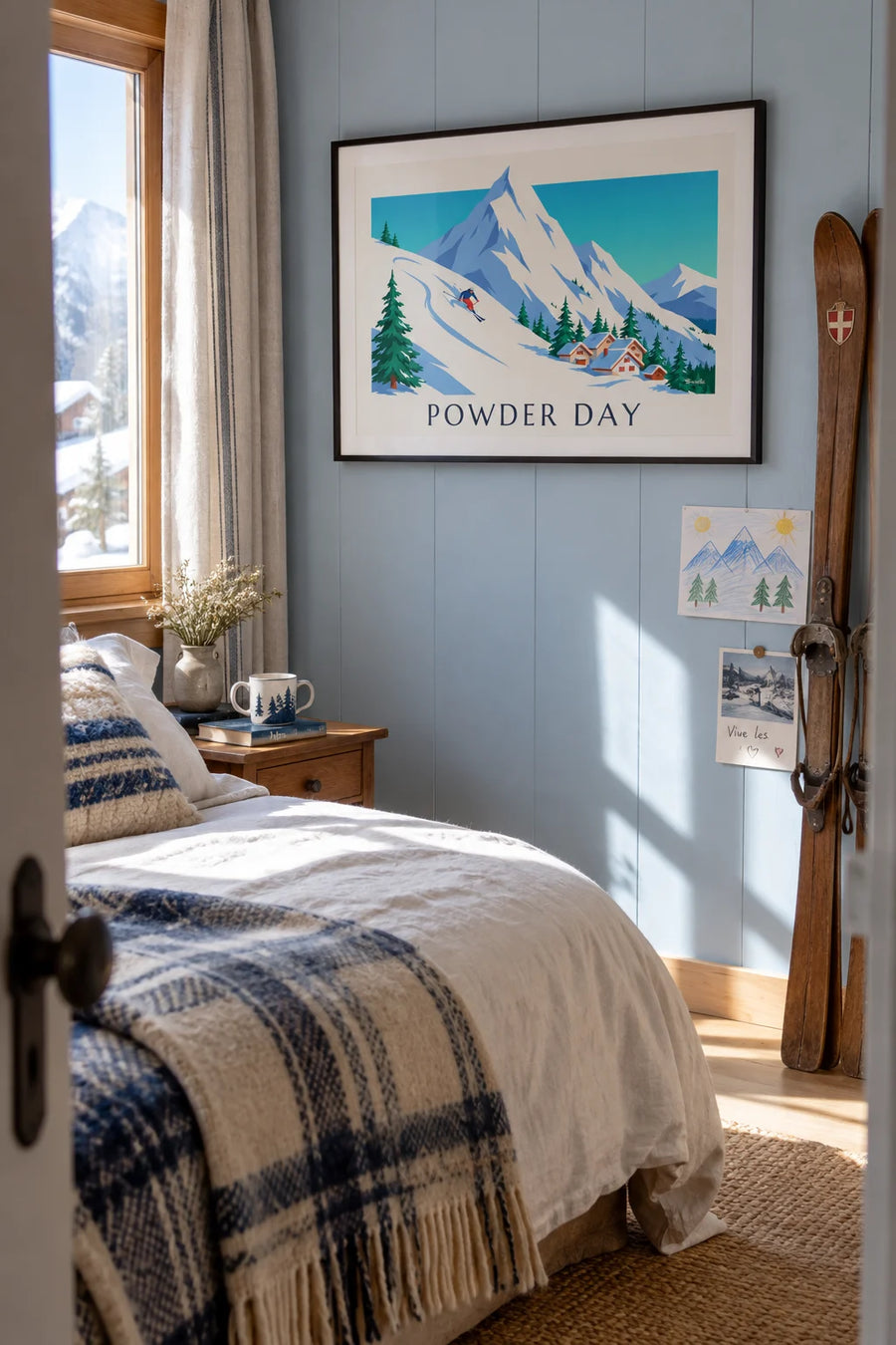 Poster of a skier in powder snow above snowy chalets: framed on the wall