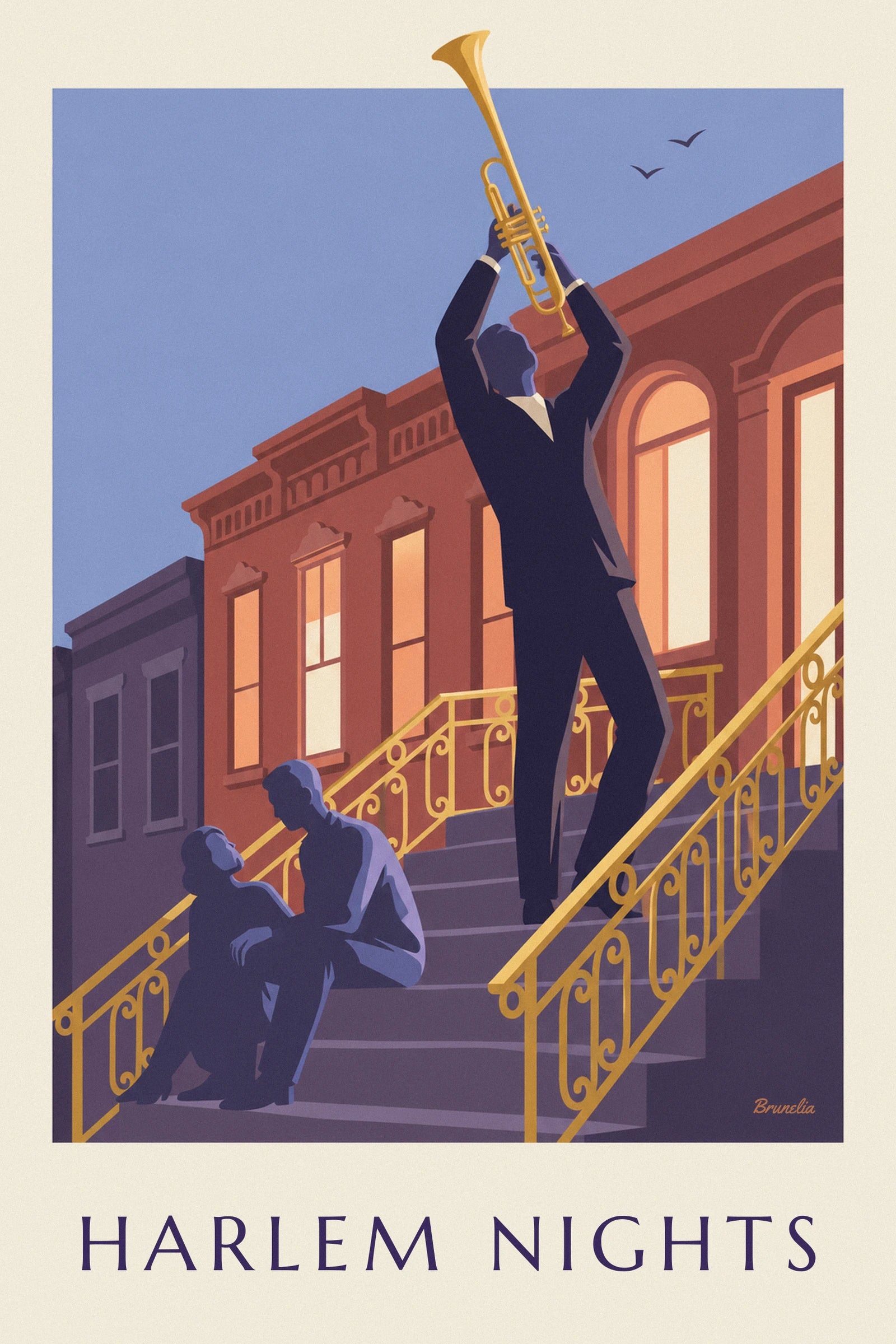Trumpeter in a dark suit, golden trumpet raised towards the sky, with 2 birds