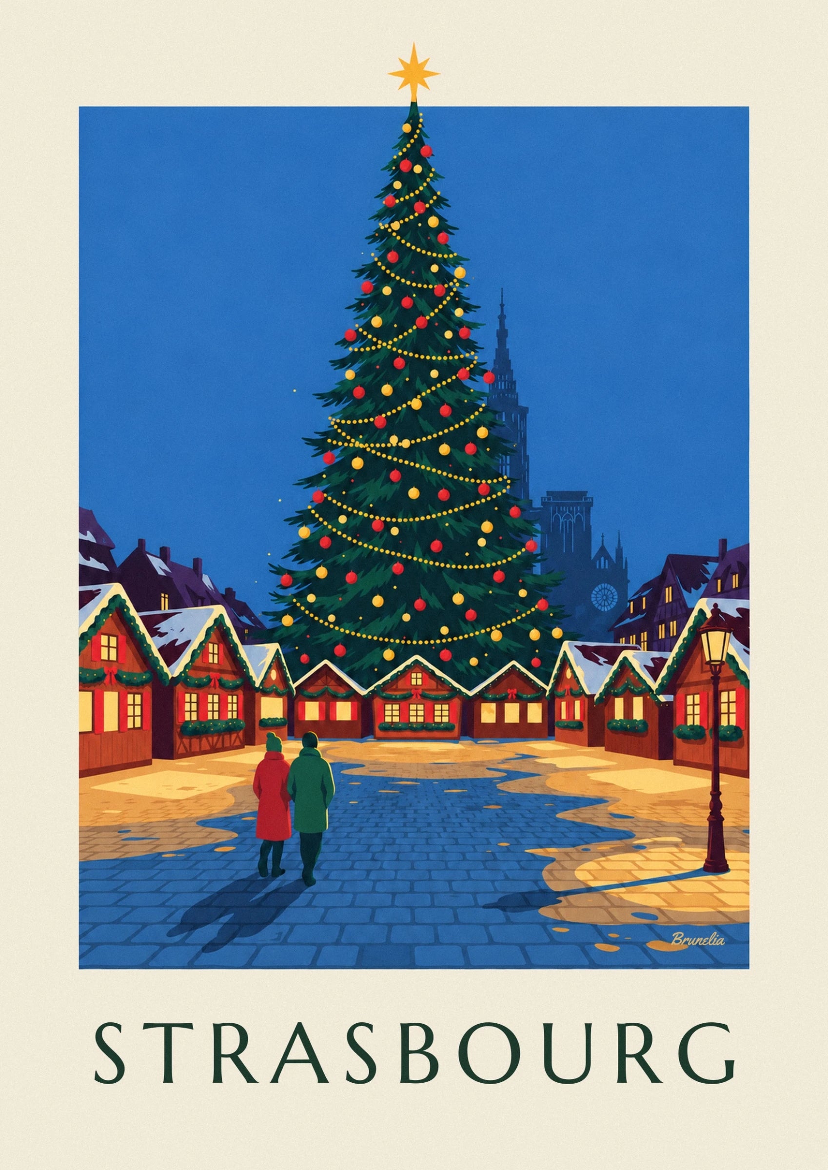Le grand sapin de Noël paré de guirlandes dorées et de boules rouges et jaunes