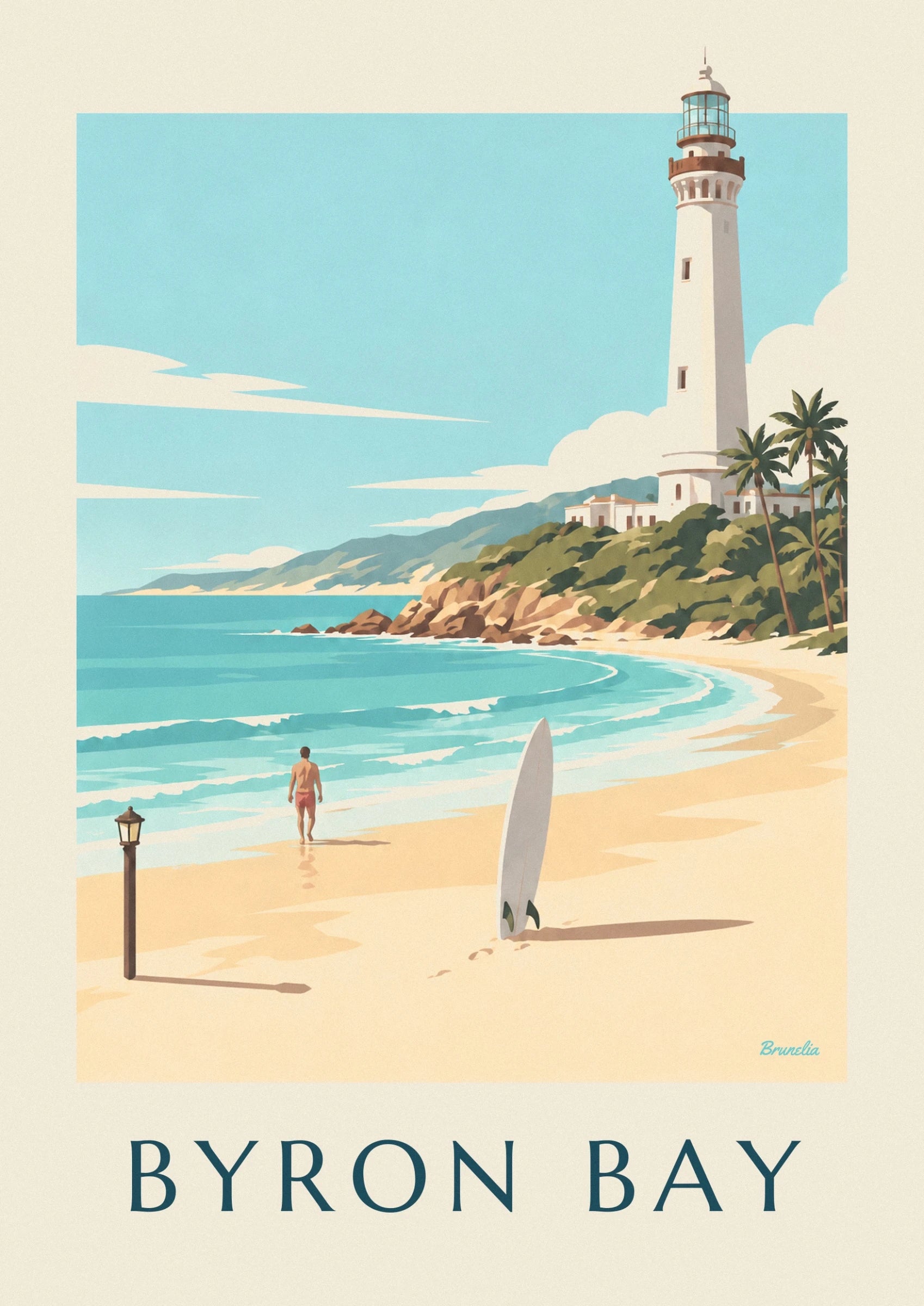 The white lighthouse of Byron Bay, its glass lantern and the palm trees at its foot