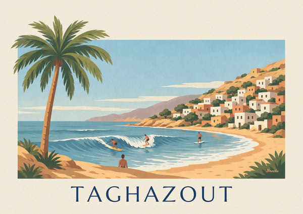 Affiche surfeurs dans la baie de Taghazout au Maroc