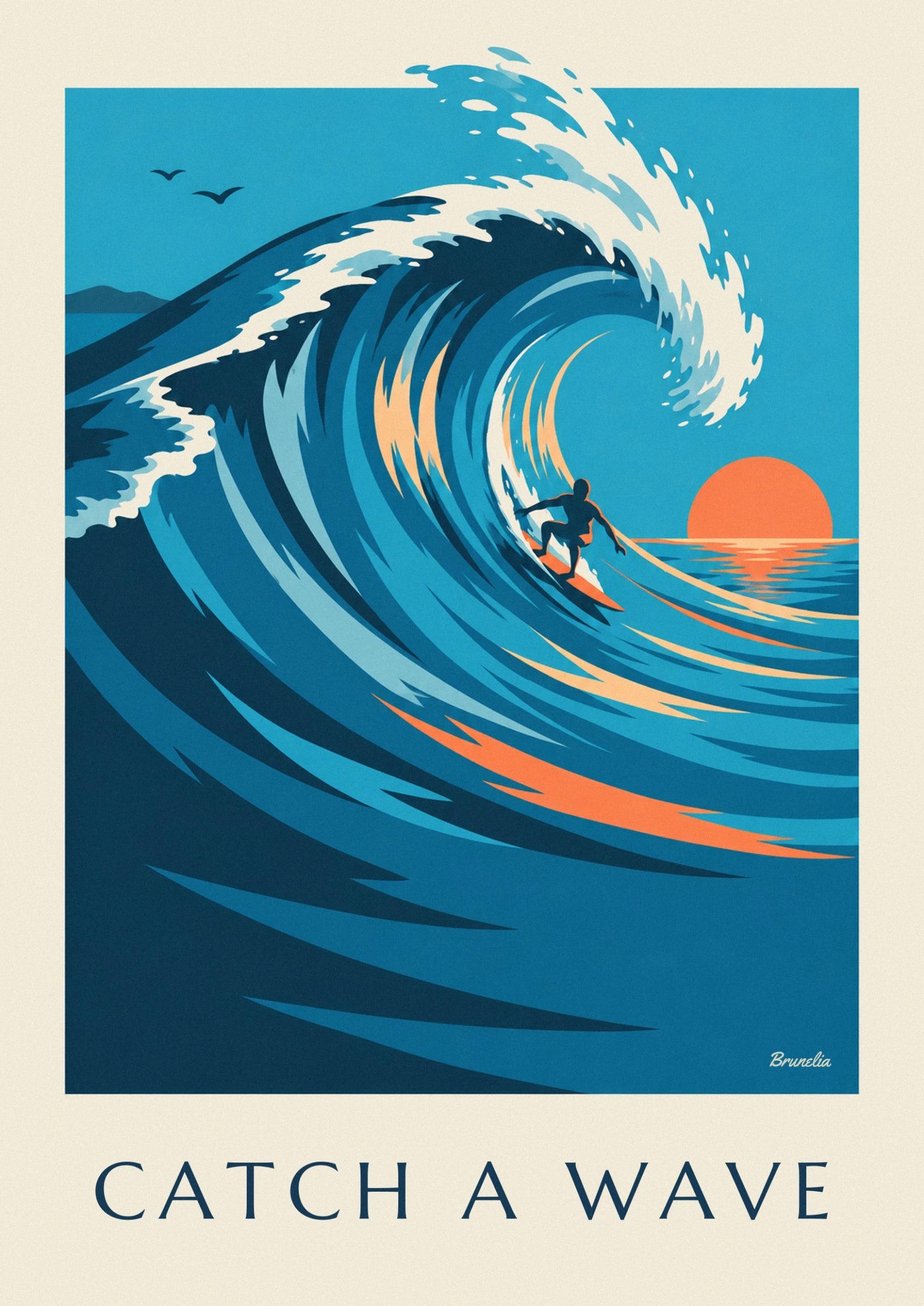 The surfer on his orange board in the hollow of a blue wave edged with white foam