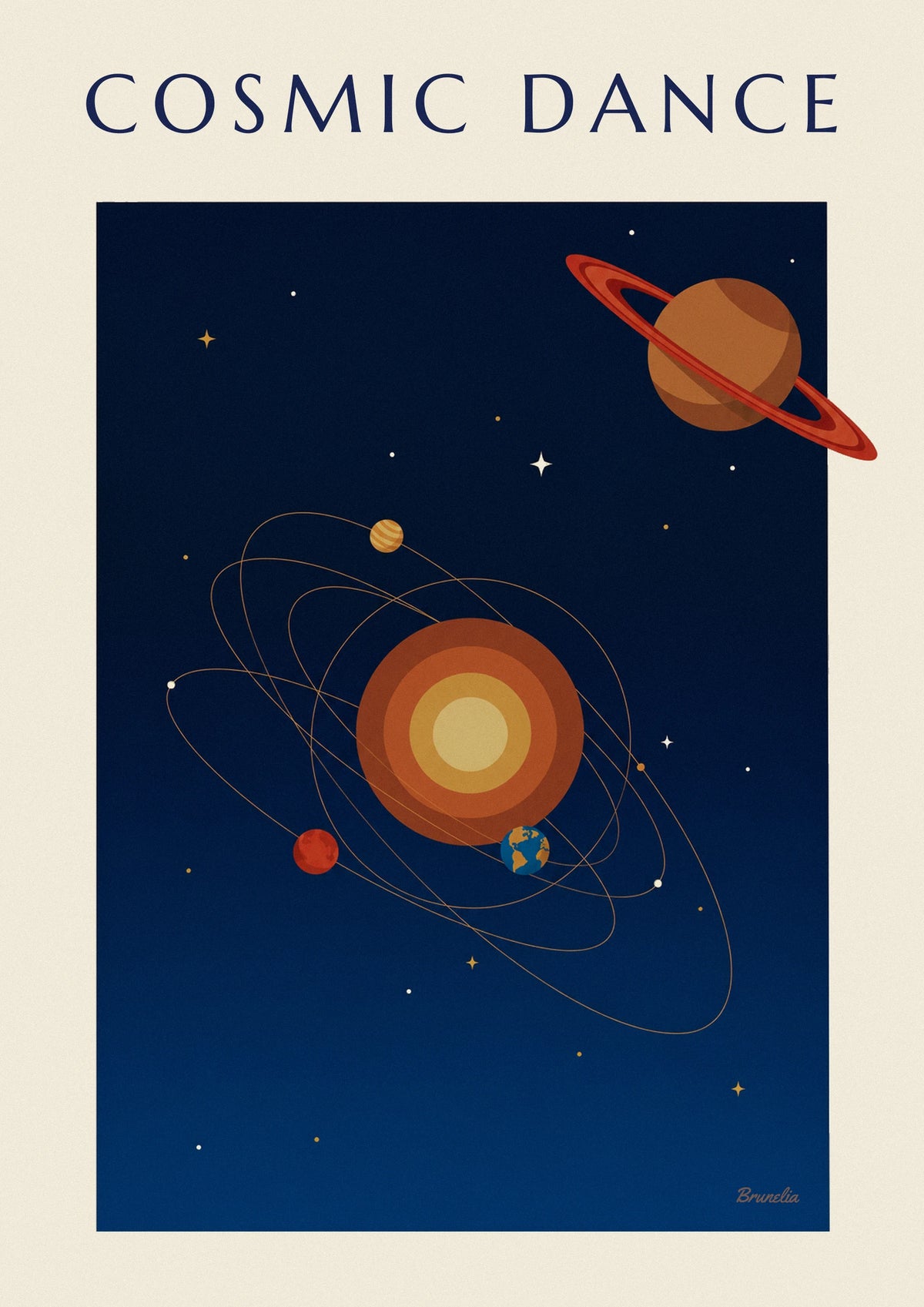 Saturn and orbiting planets midnight blue poster