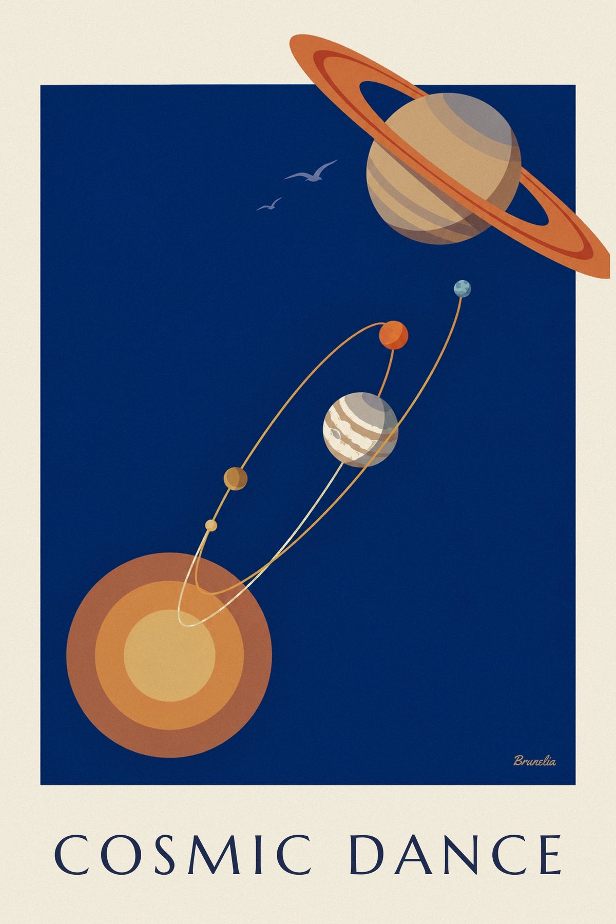 Saturn and orbiting planets midnight blue poster