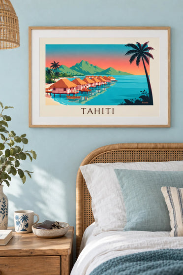 Juliste Tahitin paalumajat auringonlaskussa: kehystettynä seinällä
