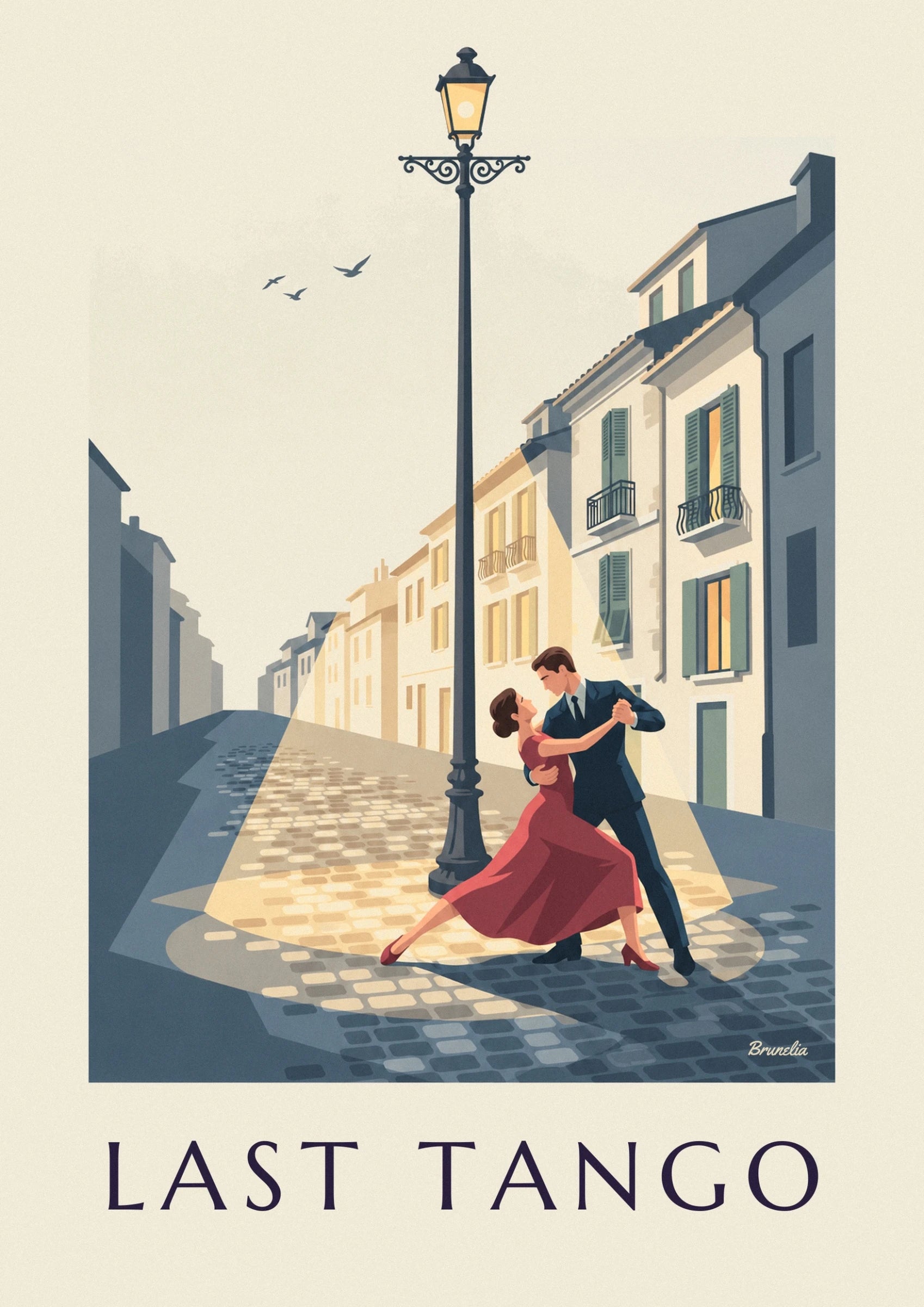 Le couple de tango enlacé, robe rouge ample et costume bleu sombre sur les pavés