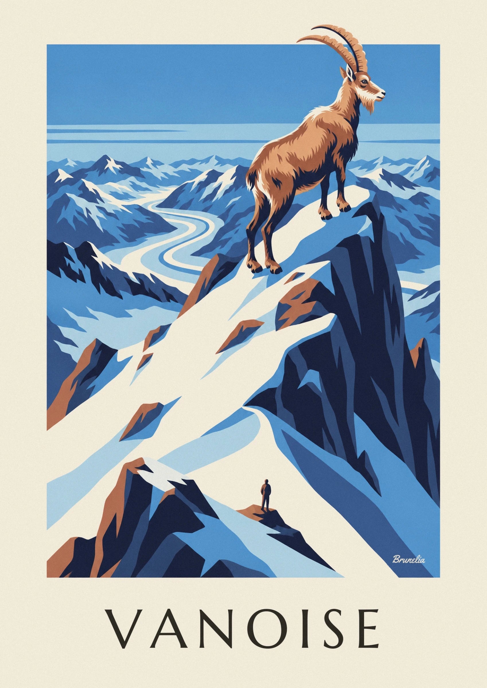 The ibex with long curved horns on a snowy peak in Vanoise