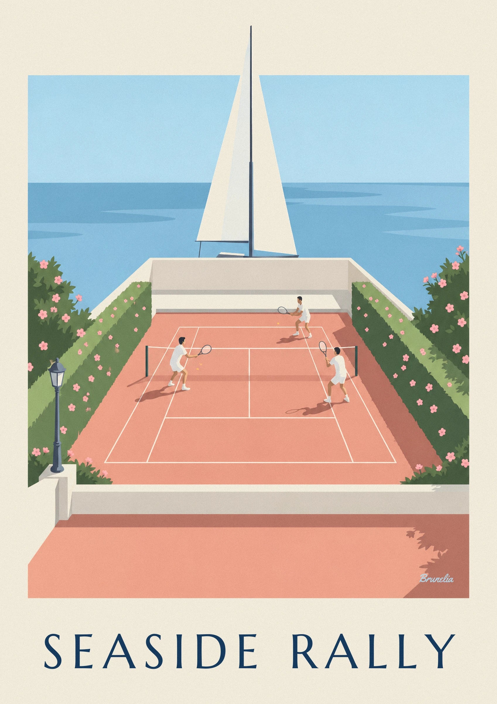Les 2 joueurs en blanc et leurs raquettes sur le court de tennis en terre battue