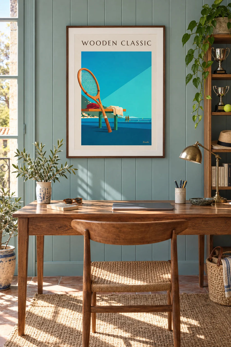 Poster of a wooden tennis racket held in its press: framed on the wall