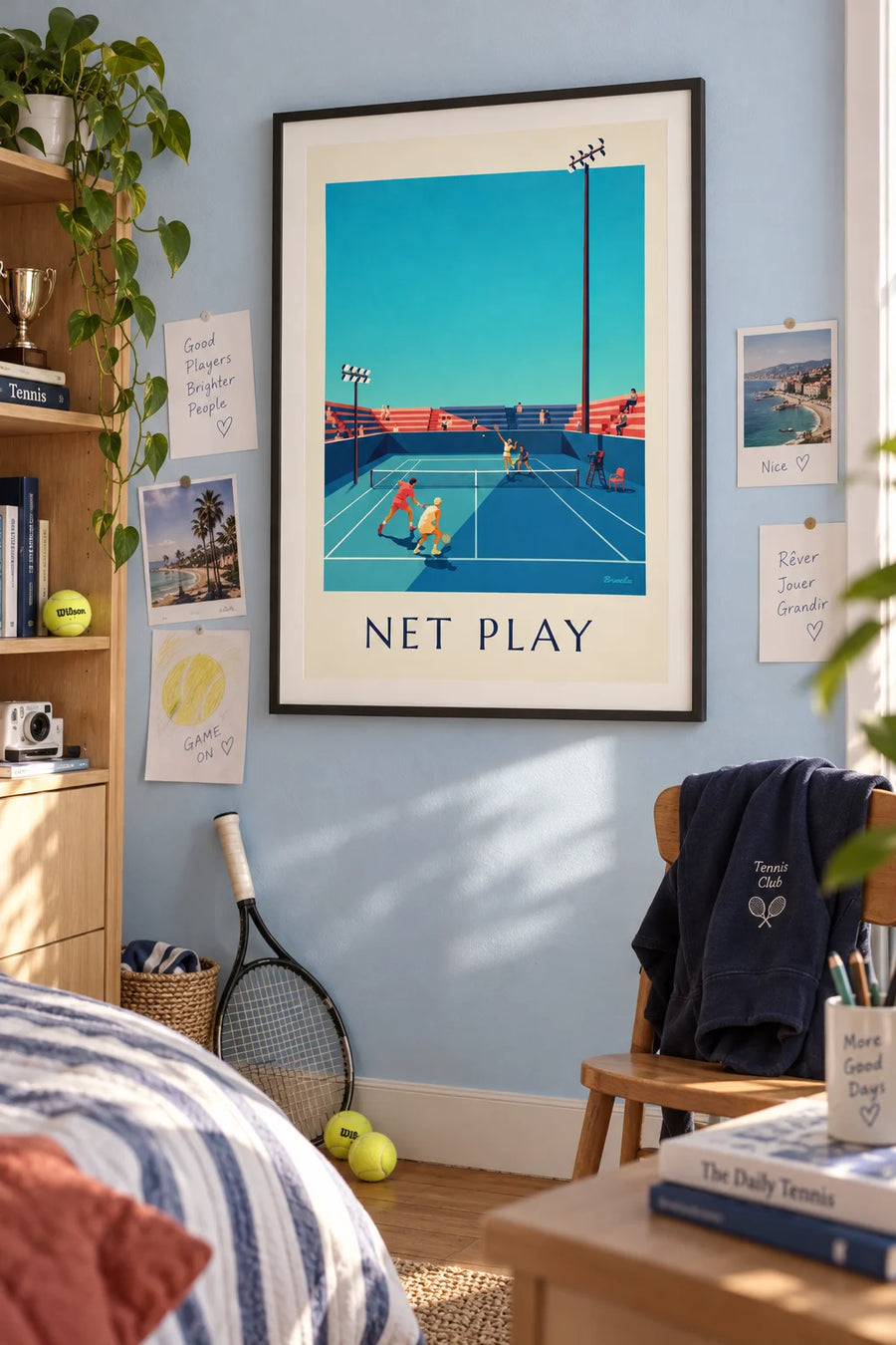 Poster of a doubles match on a hard tennis court: framed on the wall