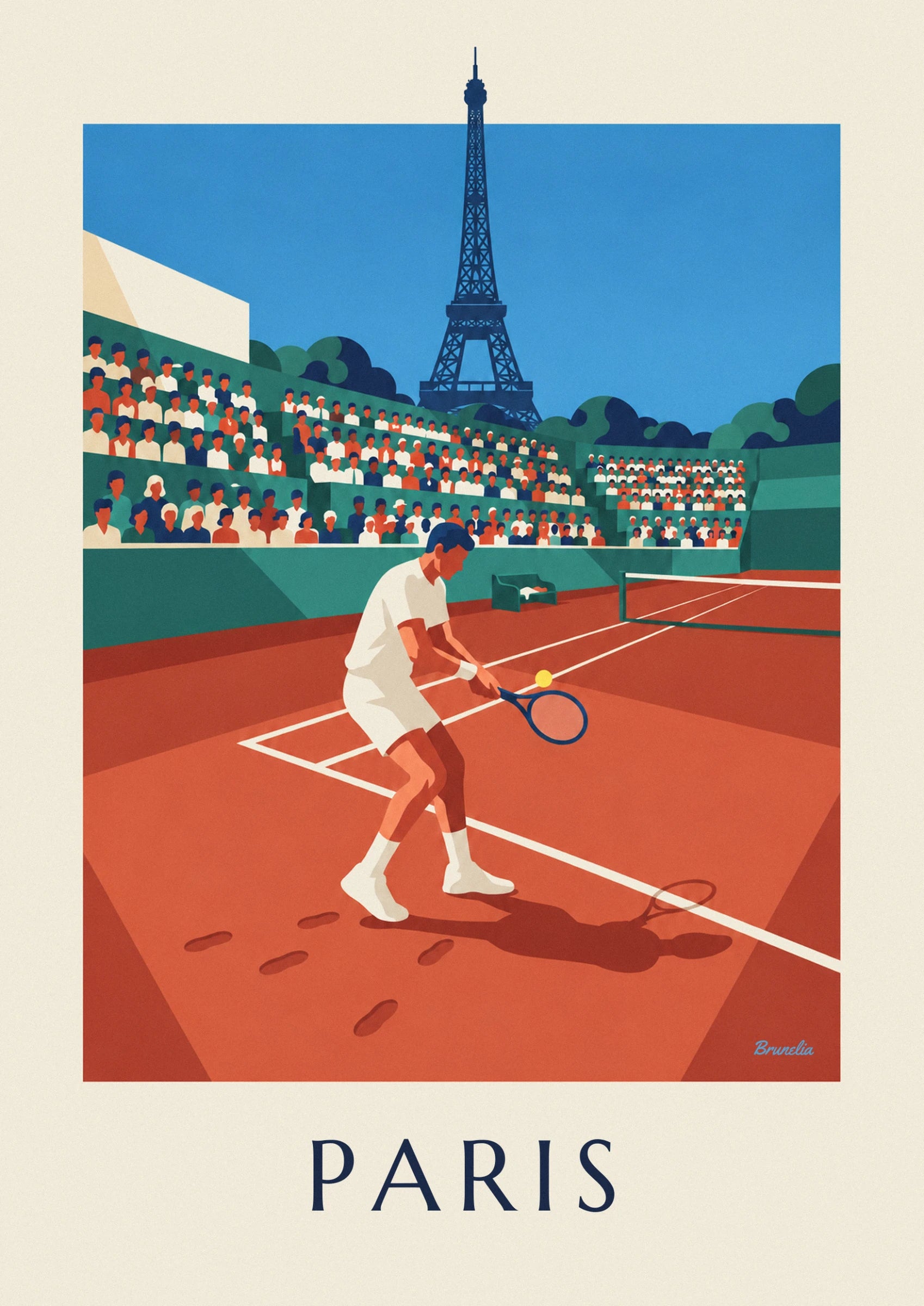 The player in white with knees bent, a yellow ball in front of his blue racket on the clay court