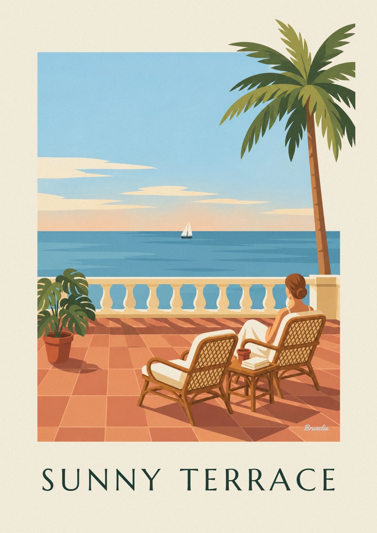 Tropical terrace with rattan armchairs and sea view poster