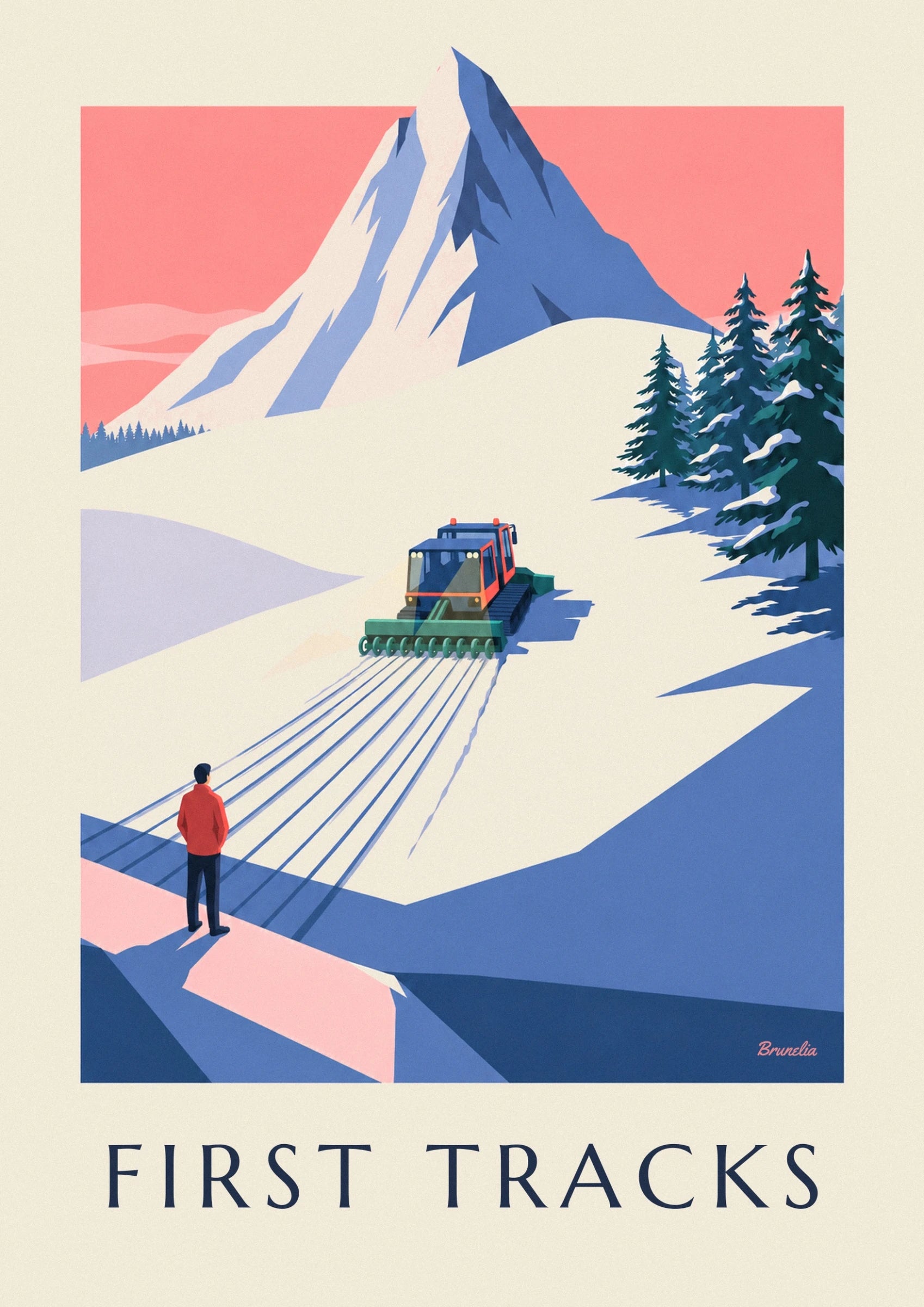 The red piste basher and its black tracks carving grooves in the snow