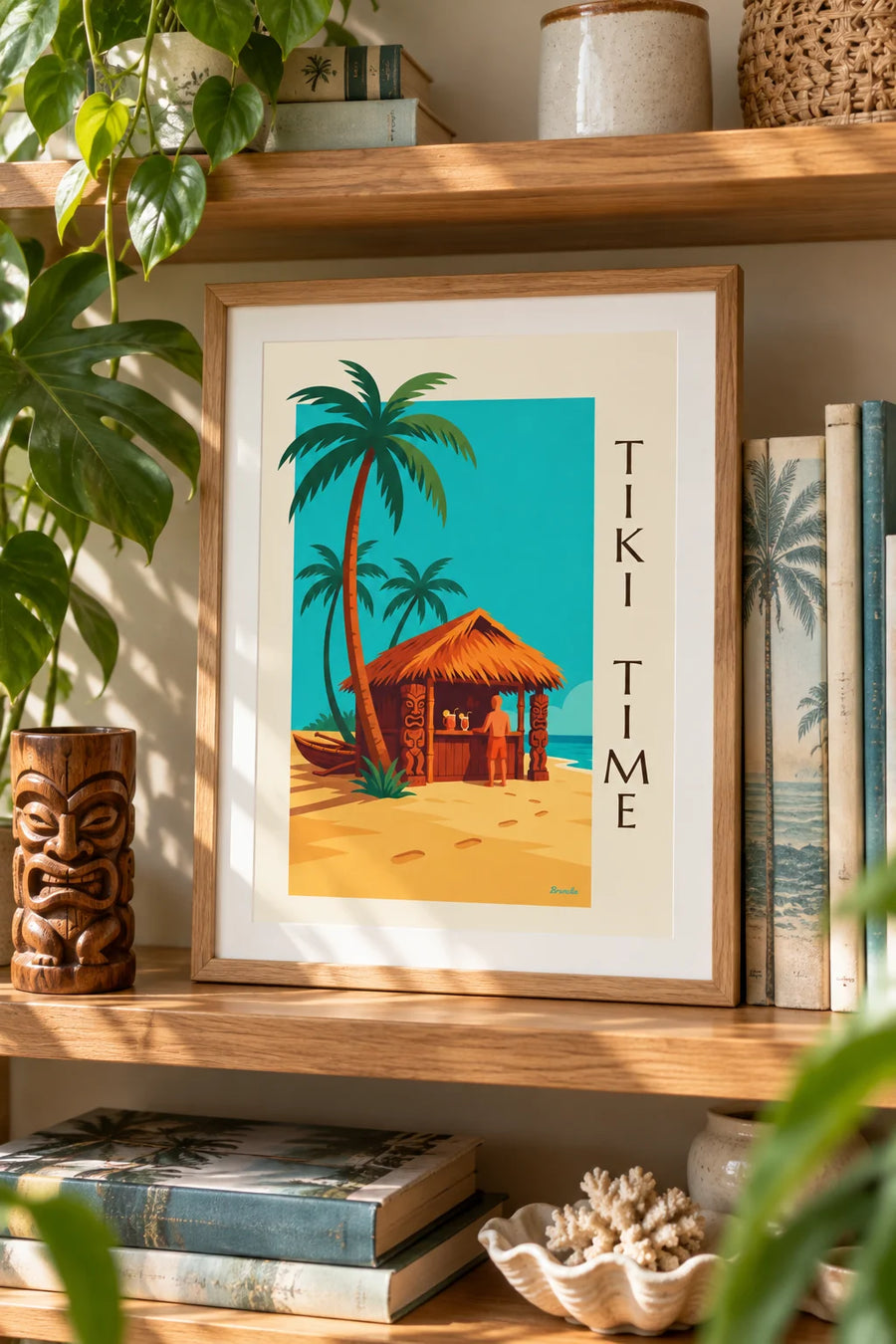 Affiche bar tiki tropical sur la plage et palmiers : petit format A4 encadré