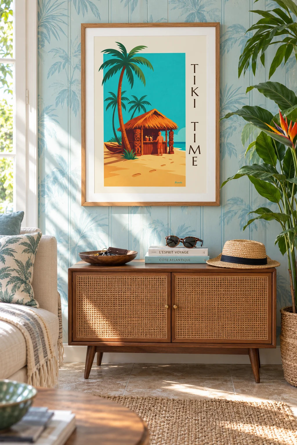 Tropical beach tiki bar with palm trees poster on the wall